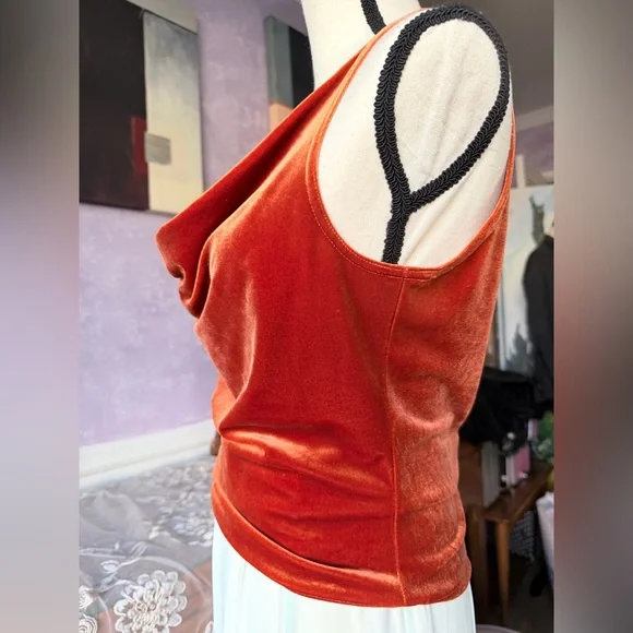 Striking Burnt Orange Velvet Cowl Neck Drape Top